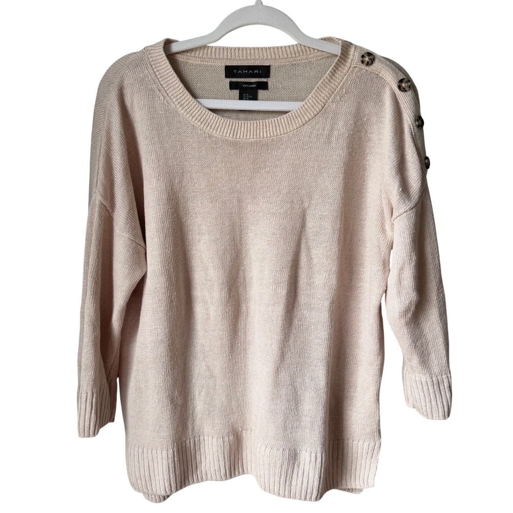 Tahari 100% Linen Beige Sweater Drop Shoulder Buttons Old Moneyโ Neutral SZ XL